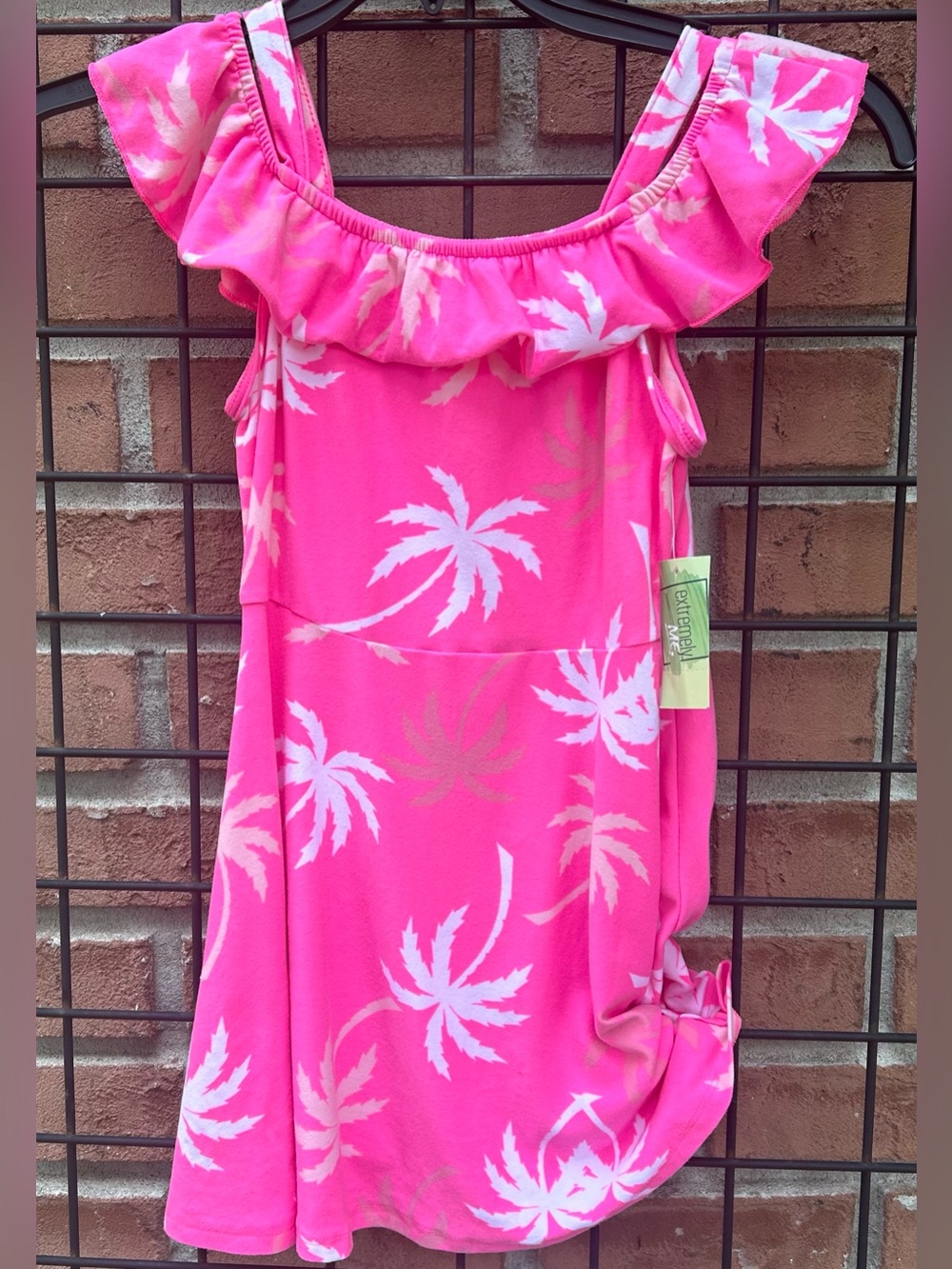 Girls Pink Palm-Print Ruffle Dress